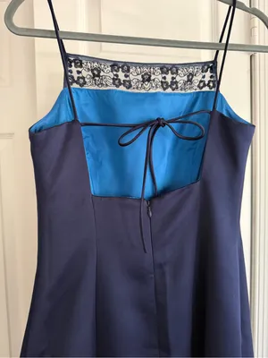 Vintage Y2K Alex Evenings Navy Satin Lace Sequin Open Back Maxi Dress Size 6 thumbnail 5