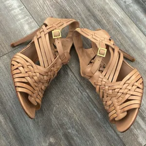 TORY BURCH Nadia brown woven leather logo detail huarache sandals heels 9.5 thumbnail 3
