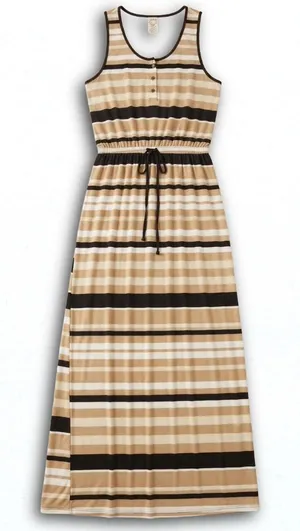 Faded Glory Womens XXL Striped Maxi Dress Henley Racerback Tan Black White thumbnail 1
