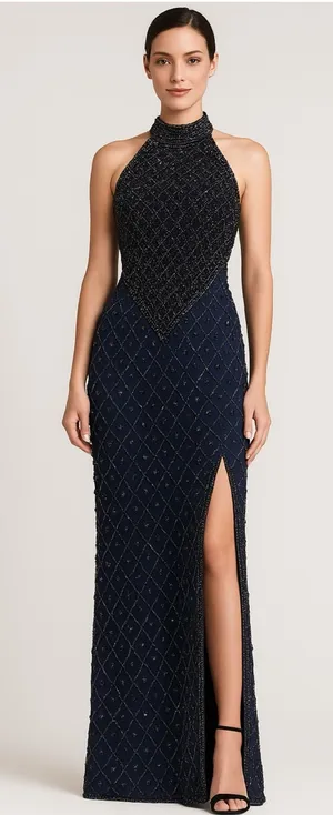 Laurence Kazar Beaded Gown Women’s Small Navy Silk Mermaid Vibes thumbnail 1