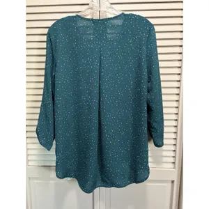 Peace‎ & Pearls Green/Wh Polkadot Chiffon Wrap Front 3/4 Tab Sleeve Blouse Sz M thumbnail 5