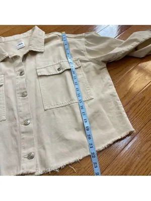 ZARA Cream Beige Cropped Frayed Hem Denim Cotton Jacket Utility Casual Boxy XL thumbnail 9