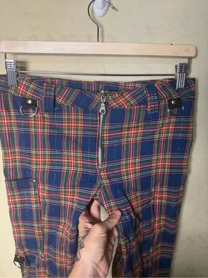 Serious Y2K Punk Plaid Bondage Cargo Pants Zip Hem Grunge Cyber Goth Size 7 thumbnail 7