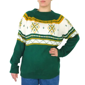 MG 1980s Vintage Sweater Green & Yellow Argyle Knit Sweater Large XL Crewneck thumbnail 1