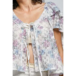 POL Lace Detail Floral Tie Front Ruffle Short Sleeve Blouse -‎ Off White - Large thumbnail 6