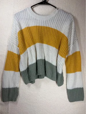 Sweater M White Mustard Sage Colorblock Chunky Knit Crew Neck Cropped thumbnail 1