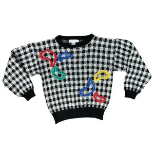 Vintage Black White Check Wide Stitch Rainbow Detail Crew Neck Sweater size S thumbnail 3