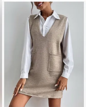 NEW Double Pocket Sleeveless V Neck Short Sweater Dress Jumper S thumbnail 5