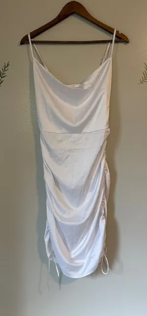 SHEIN White Satin Cowl Neck Ruched Slip Dress thumbnail 1