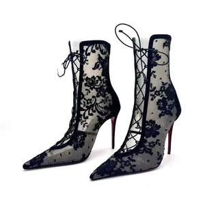 Christian Louboutin KM Lace Booty 100 Black Mesh Floral Lace Boots Sz 39.5 thumbnail 1