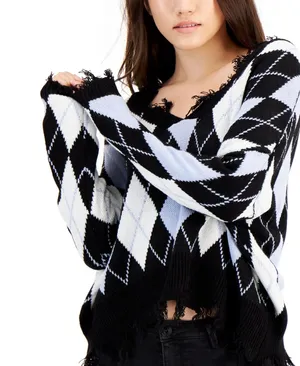Just Polly Y2K Grunge Distressed Argyle Knit Sweater Size XL NWT Blue thumbnail 1