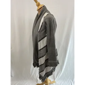 Saturday/Sunday Anthropologie‎ Cardigan Sweater XS Gray White Elise Open Fringe thumbnail 3