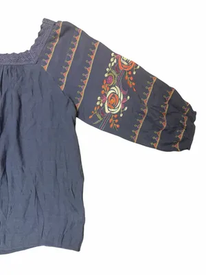 Entro Small Navy Embroidered Boho Peasant Blouse Balloon Sleeve Top Folk thumbnail 4