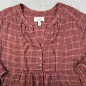 Wrangler Women's XL Burgundy Plaid Pleated V-Neck 3/4 Sleeve Peasant Blouse Top thumbnail 3