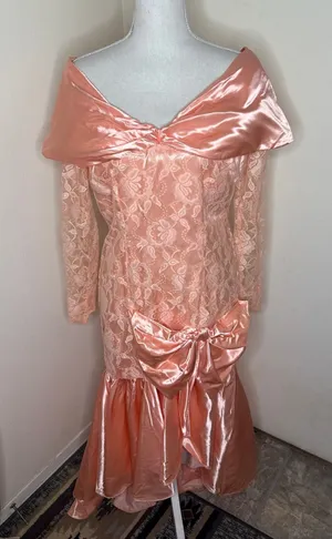 Vintage 1980s Peach Satin & Lace Off-the-Shoulder Prom Formal Gown Oversized Bow thumbnail 1