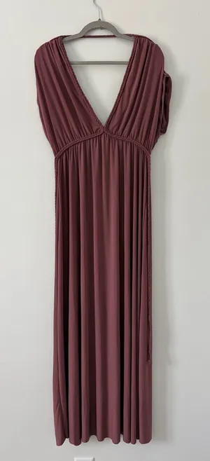 MISA Los Angeles Cap Sleeve V Neck Braided Tie Back Flowy Boho Maxi Dress NWT Rose Brown Sm thumbnail 1