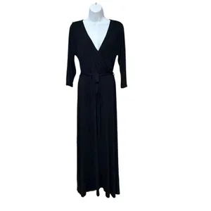 West K Black Faux Wrap Maxi Dress 3/4 Sleeve V-Neck D6983 Size M thumbnail 2
