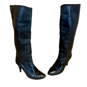 Vintage 1980'S Anne Klein Black Leather Heeled Calf High Boots (6) thumbnail 6
