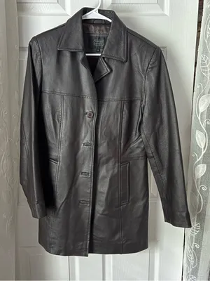 Clueless vintage mid-length black leather coat jacket button-up front women sz M thumbnail 1