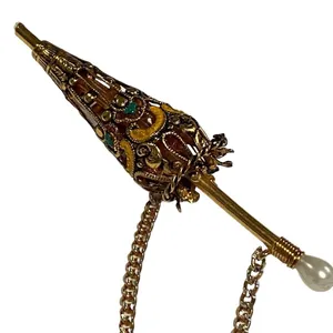 Vintage Umbrella Enamel Parasol Pin Brooch Gold Toned Damascene Pearl Handle thumbnail 5