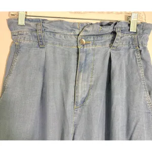 Zara Denim Light Wash‎ Paperbag Waist Wide Leg Culottes with Belt Blue Size M thumbnail 6