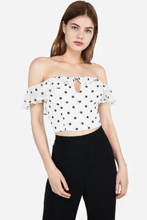 Express | Polka Dot Off The Shoulder Crop Top thumbnail 2