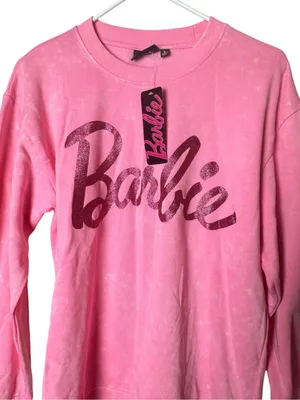 Barbie Pink Distressed Style Glitter Crewneck Logo Pullover Sweatshirt Size M thumbnail 5