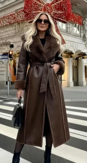 Women leather fur coat size XL brown thumbnail 1