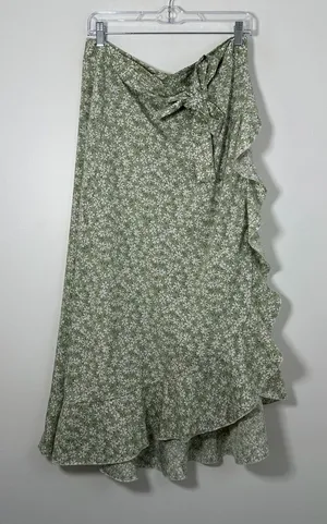 SHEIN Green Floral Wrap Ruffle Midi Skirt Size Medium thumbnail 1