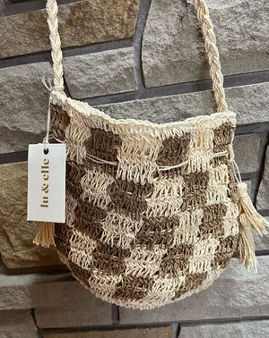 Lu & Elle Sundrift Tassel Bucket Bag Woven Tassel Checkered Crossbody Boho NWT thumbnail 1