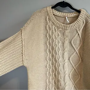 Free People Women’s Dream Cable Knit Tan‎ Sweater Oversized Small thumbnail 6