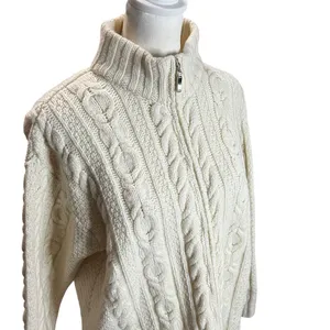 Inis Crafts Ireland Merino Wool Fisherman Cable Knit Zip Sweater Cream Small thumbnail 3