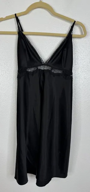 Victorias Secret Black Satin Lace Trim Slip Dress Nightgown Large thumbnail 1