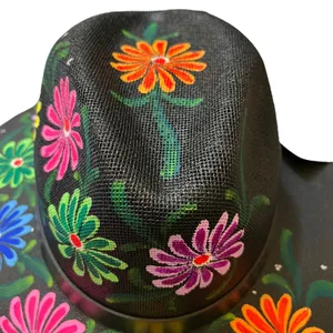 HAT MEXICAN Artisanal Hand Painted Fedora Floral Sombrero Panama Bohemian Black thumbnail 8