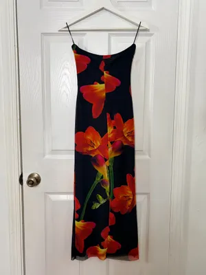 Zara Floral Strapless Bodycon Midi Dress Black Red Orange Summer Date Night S thumbnail 3
