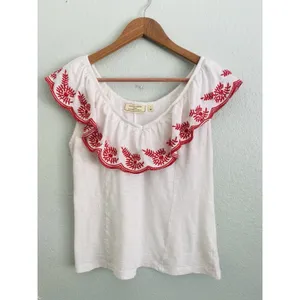 Anthropologie Moulinette Soeurs White/Red Julieta Ruffled Top Size S Boho Chic thumbnail 5