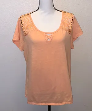 French Laundry peach orange lace keyhole front short sleeve shirt thumbnail 1