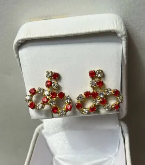 3/$20 Red & White/Clear Beaded Crystal Bow Gold Tone Drop Stud Earrings thumbnail 1