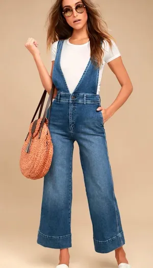 Free People Blue Wide-Leg Denim Overalls thumbnail 1