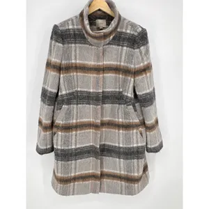LOFT Womens Large Plaid Wool Blend Coat Stand Collar Full Zip Jacket Gray Brown thumbnail 2
