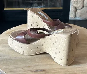 Steve Madden Colins Brown Leather Wooden Platform Wedge Sandals Size 7.5 thumbnail 1