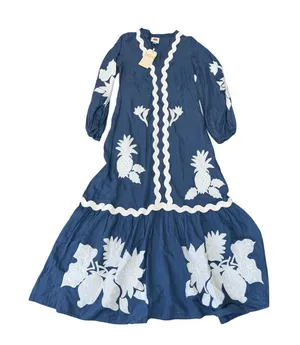 Farm Rio Anthropologie Blue Linen Blend Embroidered Pineapple Maxi Dress M NWT thumbnail 1