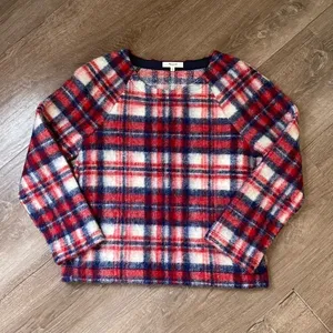 Madewell Wool Blend Red Plaid Fuzzy Pullover Long Sleeve Top ~ Women’s Size S thumbnail 3