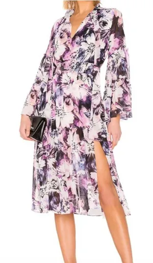 MISA Floral Boho Romantic Midi Slit Dress Flowy Garden‎ Party Whimsical Fairy SM thumbnail 1