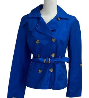 Grace Elements Blue Belted Short Trench Pea Coat Jacket Women’s Size 12 Roll Tab thumbnail 1