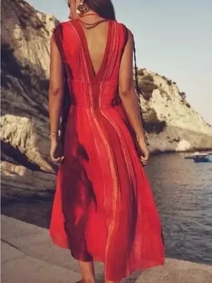 NWT Zara Sunset Flowy Maxi Dress Medium Plunge V-Neck Adjustable Tie Waist Boho thumbnail 12