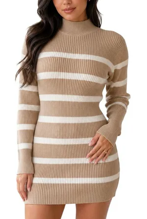 Abercrombie Tan Cream Striped Mockneck Sweater Mini Dress XS thumbnail 1