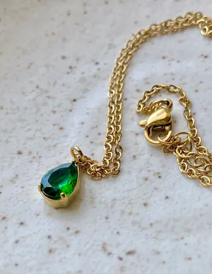 Handmade gold tone stainless steel chain & teardrop shaped green glass crystal chic vintage retro style necklace💚👼 thumbnail 1