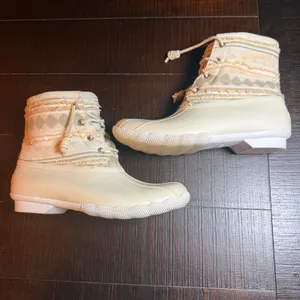 Sperry Saltwater Duck Boots Cream Beige Geometric Textile Womens 8.5 Western Boh thumbnail 5