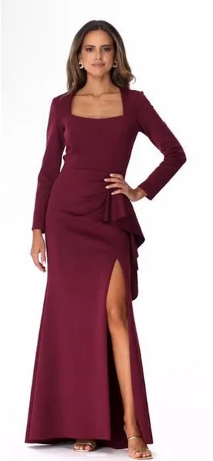 Xscape Women's Red Square-Neck Draped Long-Sleeve Gown Dress Size 10 thumbnail 1